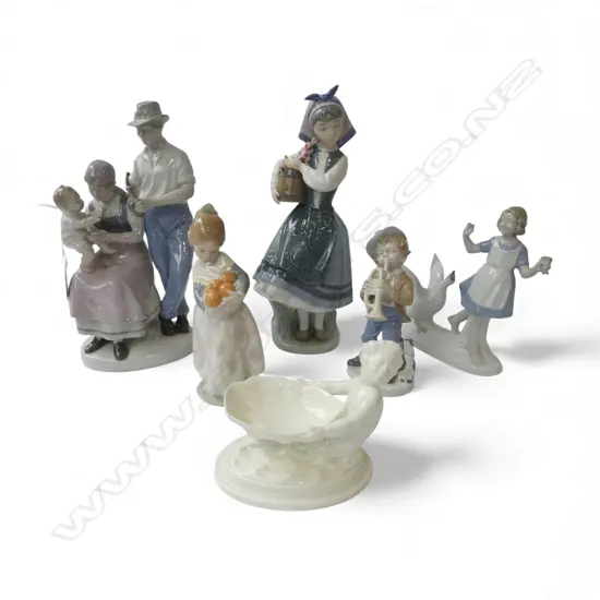 6 PCES PORCELAIN; 3 GERMAN FIGURINES H.250mm, 2 LLADRO (FLOWERS AF), ROYAL WORCESTER DISH
