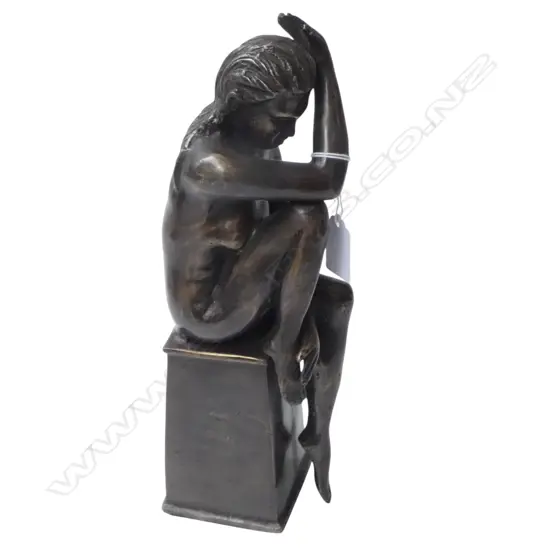 BRONZED BRASS SCULPTURE; SEATED WOMAN H.300mm