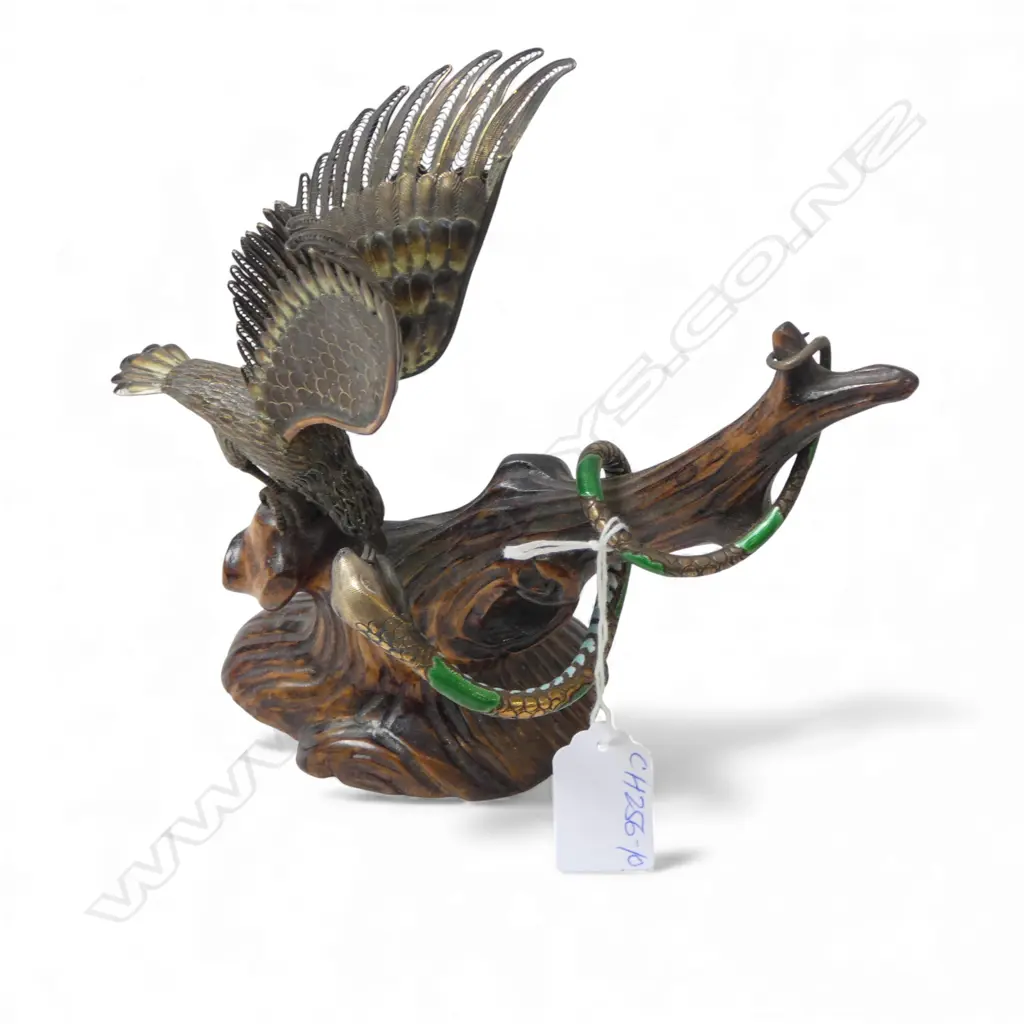 VINTAGE WOOD + SILVER ? + CLOISONNE / ENAMEL SNAKE & BIRD SCULPTURE on gnarly trunk. H.190mm Image 1++
