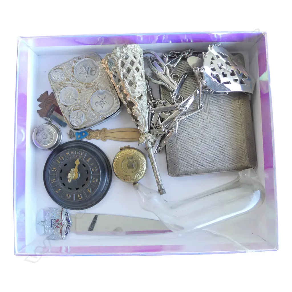 BOX OF SMALL COLLECTABLES: posy holder + coin holder + Whist counter + chatelaine + inhaler etc Image 1++