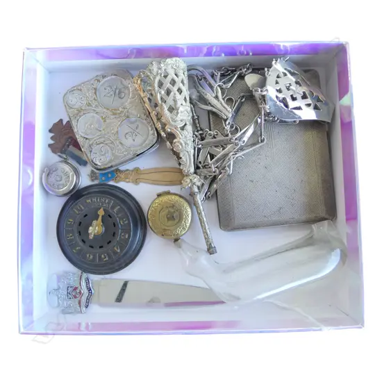 BOX OF SMALL COLLECTABLES: posy holder + coin holder + Whist counter + chatelaine + inhaler etc