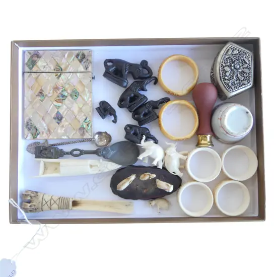 TRAY OF SMALL COLLECTABLES MOP CARD CASE IVORY ELEPHANTS ETC
