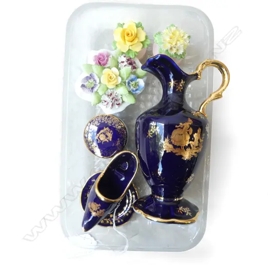 LIMOGES JUG, BOX, DISH, SHOE & FORAL SALT & PEPPER, & ORNAMENT, H.145MM (JUG)