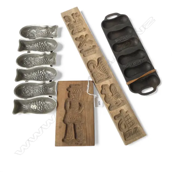 4 VARIOUS FOOD MOULDS: 2 WOOD - 1 CAST IRON + 1 TIN as 6 fish