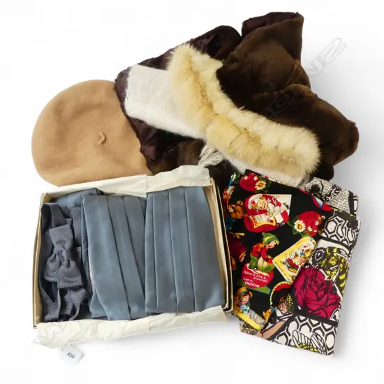 FAUX FUR CAPE + HATS + MOHAIR SCARF + vintage children's fabric pce + boxed clothing pces etc