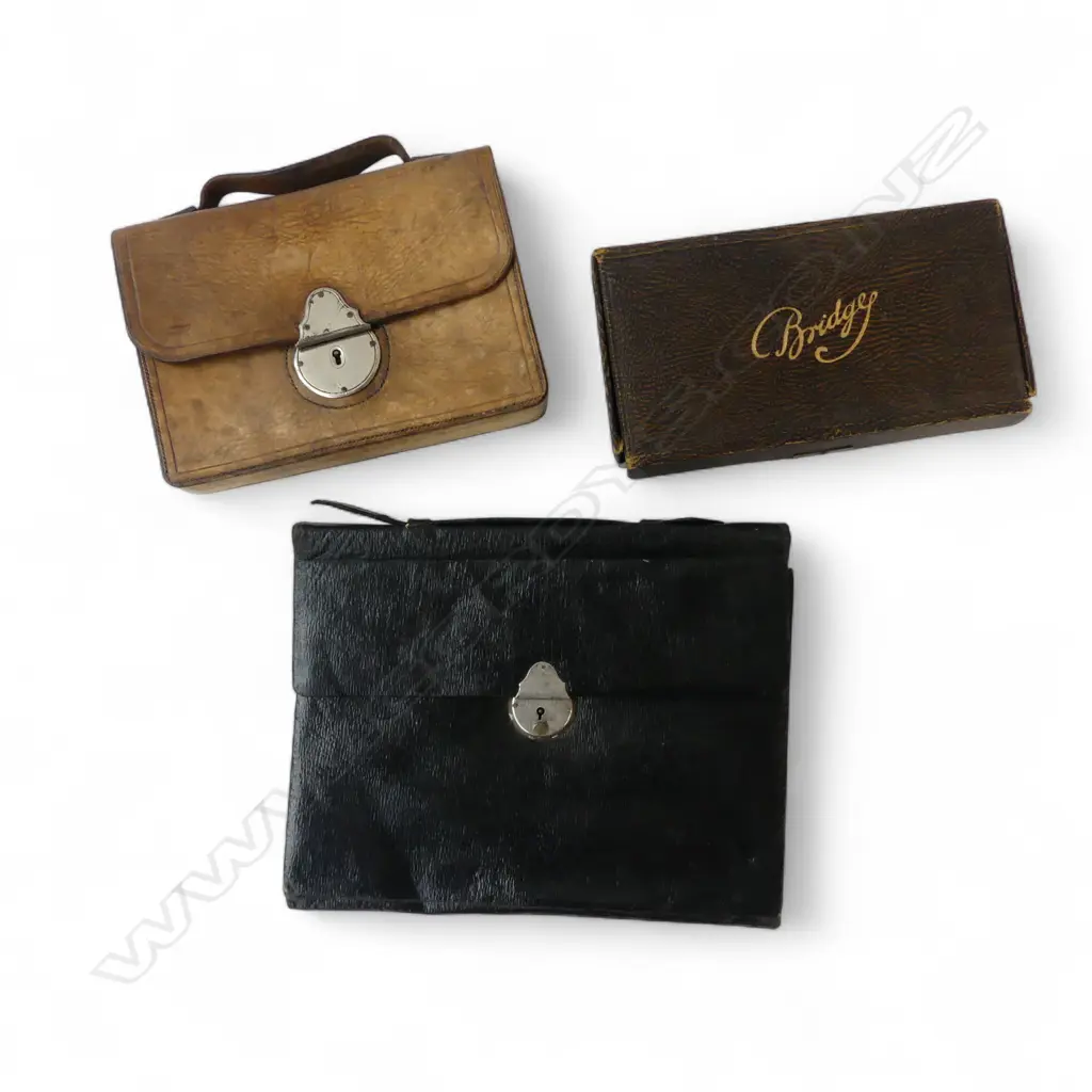 3 VINTAGE CASES: 'BRIDGE' cards  + leather case w belt & bookmarks + writing clutch Image 1++
