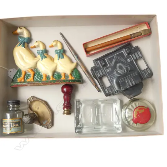 DESK ITEMS - SEAL, INKWELL, CALLIGRAPHY PEN ETC & CAST IRON DUCK DOORSTOP