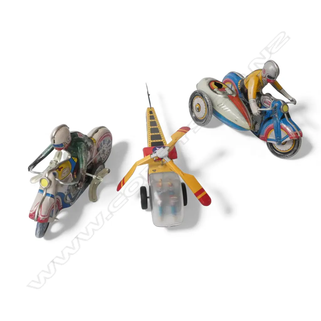 3 TIN TOYS; 2 MOTORBIKES + HELICOPTER L.255mm Image 1++