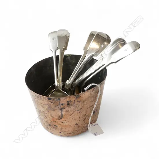 OLD COPPER BOWL 140mm dia + 10 SILVER PLATE TABLE SPOONS