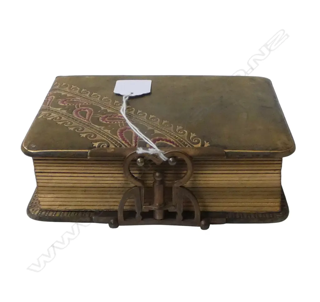 VICTORIAN PHOTO 'ALBUM' soft green leather w gilt & red highlights. Fancy brass latch 160 x 140mm Image 1++