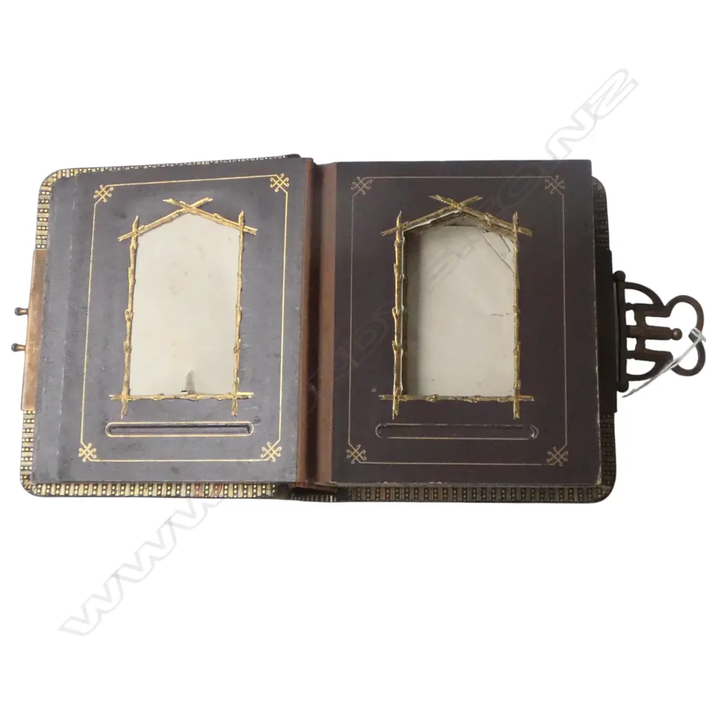 VICTORIAN PHOTO 'ALBUM' soft green leather w gilt & red highlights. Fancy brass latch 160 x 140mm Image 1++