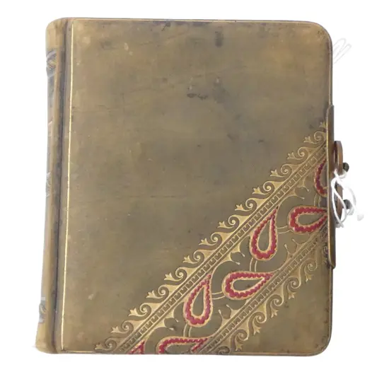 VICTORIAN PHOTO 'ALBUM' soft green leather w gilt & red highlights. Fancy brass latch 160 x 140mm