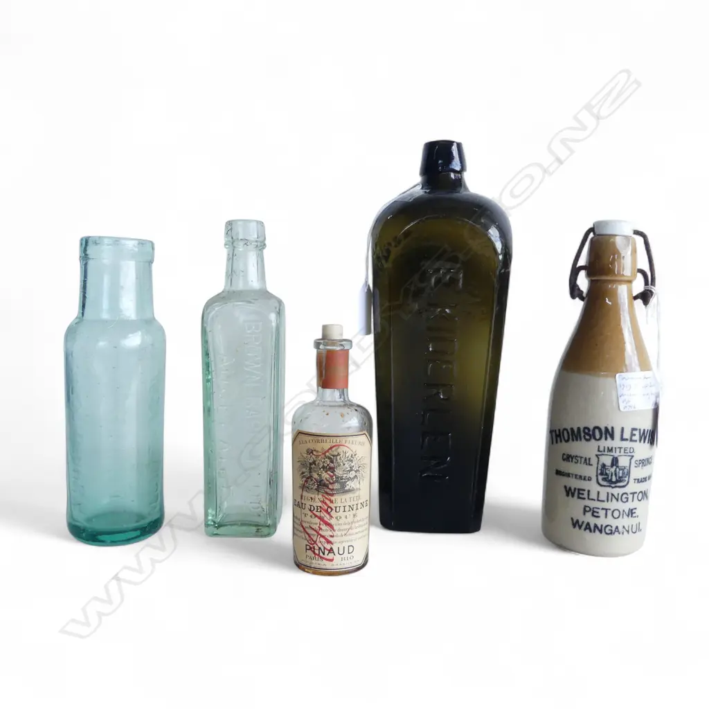 THOMSON LEWIS & CO STONEWARE BOTTLE FAULTS + 4 VINTAGE GLASS BOTTLES Image 1++