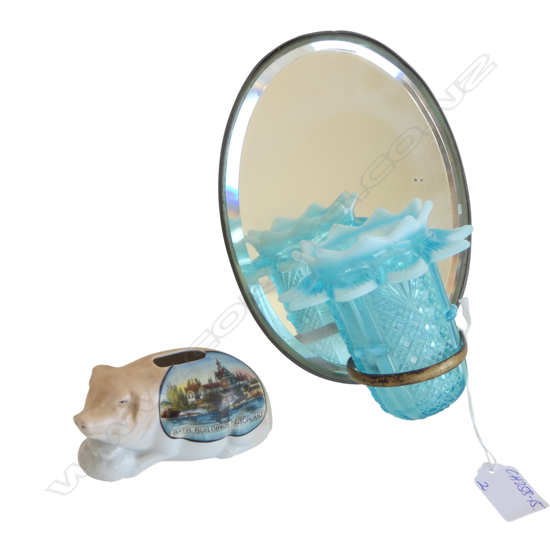 VICTORIAN BLUE & VASELINE GLASS mirrored back WALL SCONCE + BISQUE PIG 'BATH BUILDING ROTORUA NZ' made in Germany