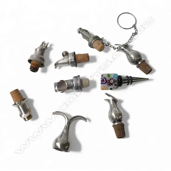 NINE WINE BOTTLE POURERS & STOPPERS SILVER PLATED ETC 