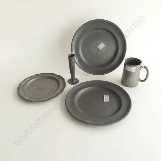 5 ANTIQUE PEWTER PCS; 2 JOHN SOMERS PLATES, EARLY VICTORIAN PINT & TUDRIC POSY VASE