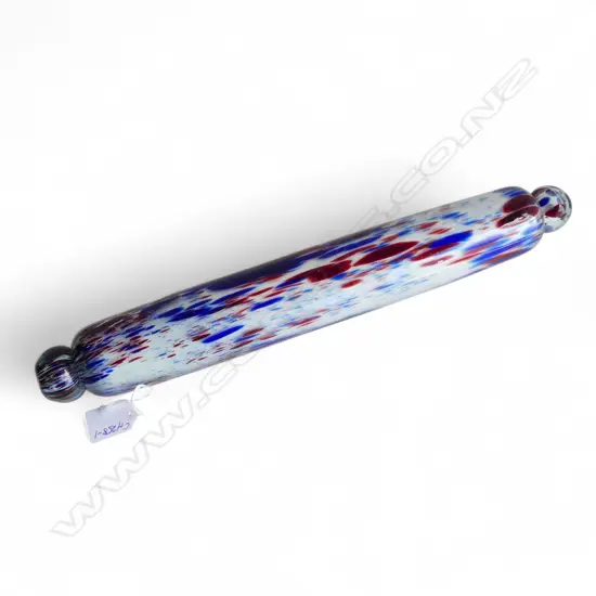 VINTAGE GLASS ROLLING PIN white with blue & red flecked highlights - mouth blown L.405mm.