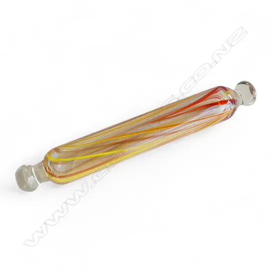 VINTAGE HOLLOW GLASS ROLLING PIN clear with yellow & red swirls- mouth blown L.415mm.