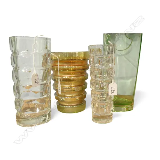 4 MIXED PAT STUDIO GLASS VASES 2 CLEAR 2 COLOURED H250MM TALLEST