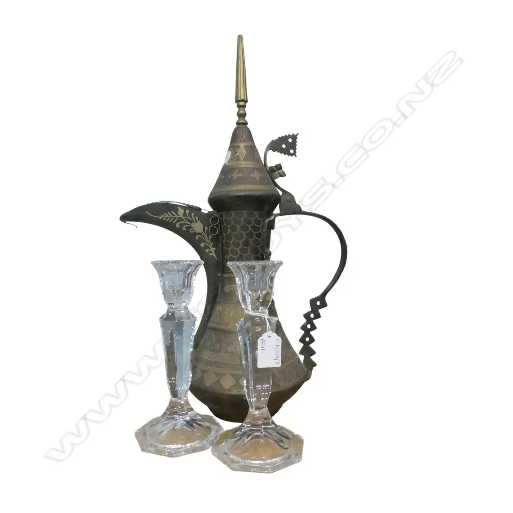 PR LEAD CRYSTAL CANDLESTICKS H.200mm + INDIAN BRASS EWER H.480mm Image 1++