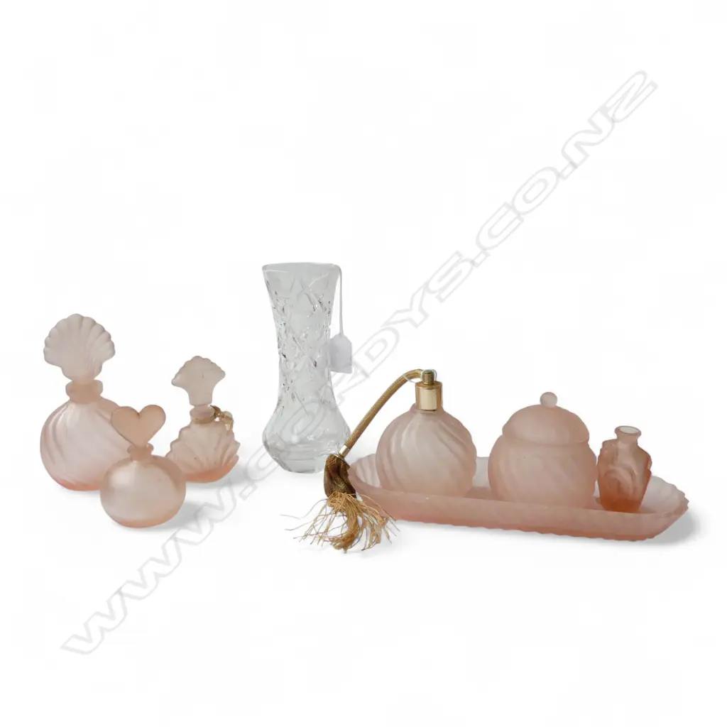 PINK GLASS VANITY SET one stopper end stick in bottle + CRYSTAL VASE Image 1++