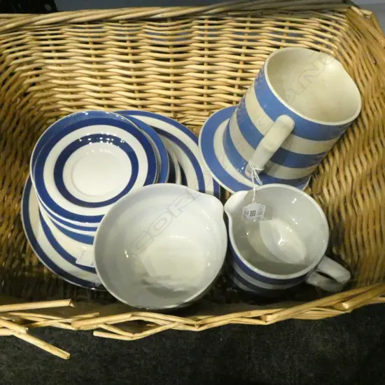 2 PCES CORNISH WARE + ASST. STAFFORDSHIRE 'CORDON BLEU' CHINA etc all faults IN WICKER BASKET 460x360x180mm