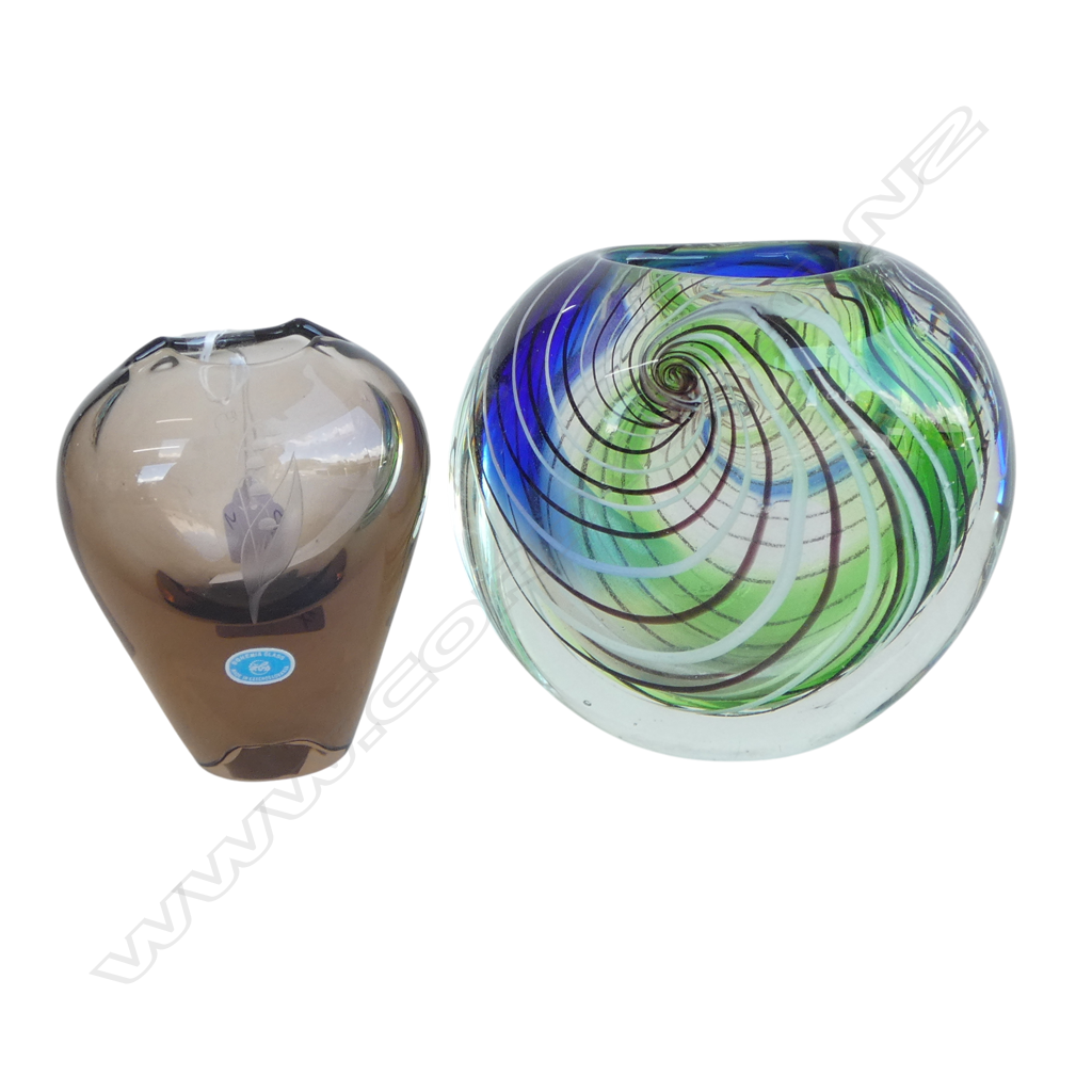 2 ART GLASS VINTAGE VASES: heavy thick walled swirl vase + Bohemia smokey glass lily of the valley vase. H's.135+125mm Image 1++