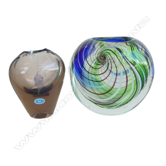 2 ART GLASS VINTAGE VASES: heavy thick walled swirl vase + Bohemia smokey glass lily of the valley vase. H's.135+125mm