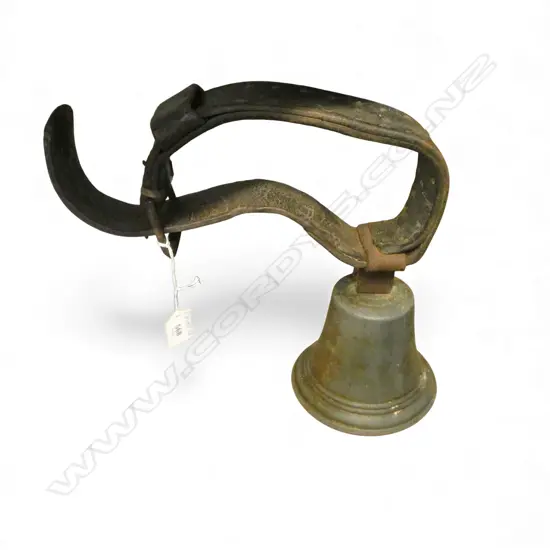 VINTAGE BRASS COW BELL WITH LEATHER HARNESS