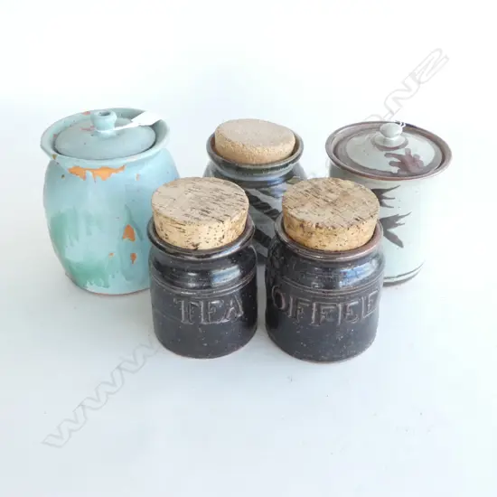 5 NZ STUDIO POTTERY LIDDED KITCHEN JARS 3 CORKED LIDS H160MM