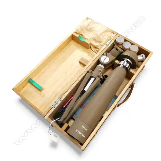 WOOD CASED POLAREX 50MM LENS & STAND L420MM