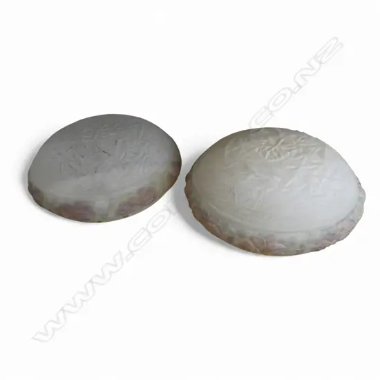 PAIR ANTIQUE PENDANT GLASS LIGHT SHADES W. FLORAL FRIEZE, D.340MM