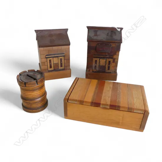 3 ANTIQUE WOODEN parquetry MONEY BANKS (1 w a few loose panels) + TREEN ROOK BANK + NZ WOODS BOX