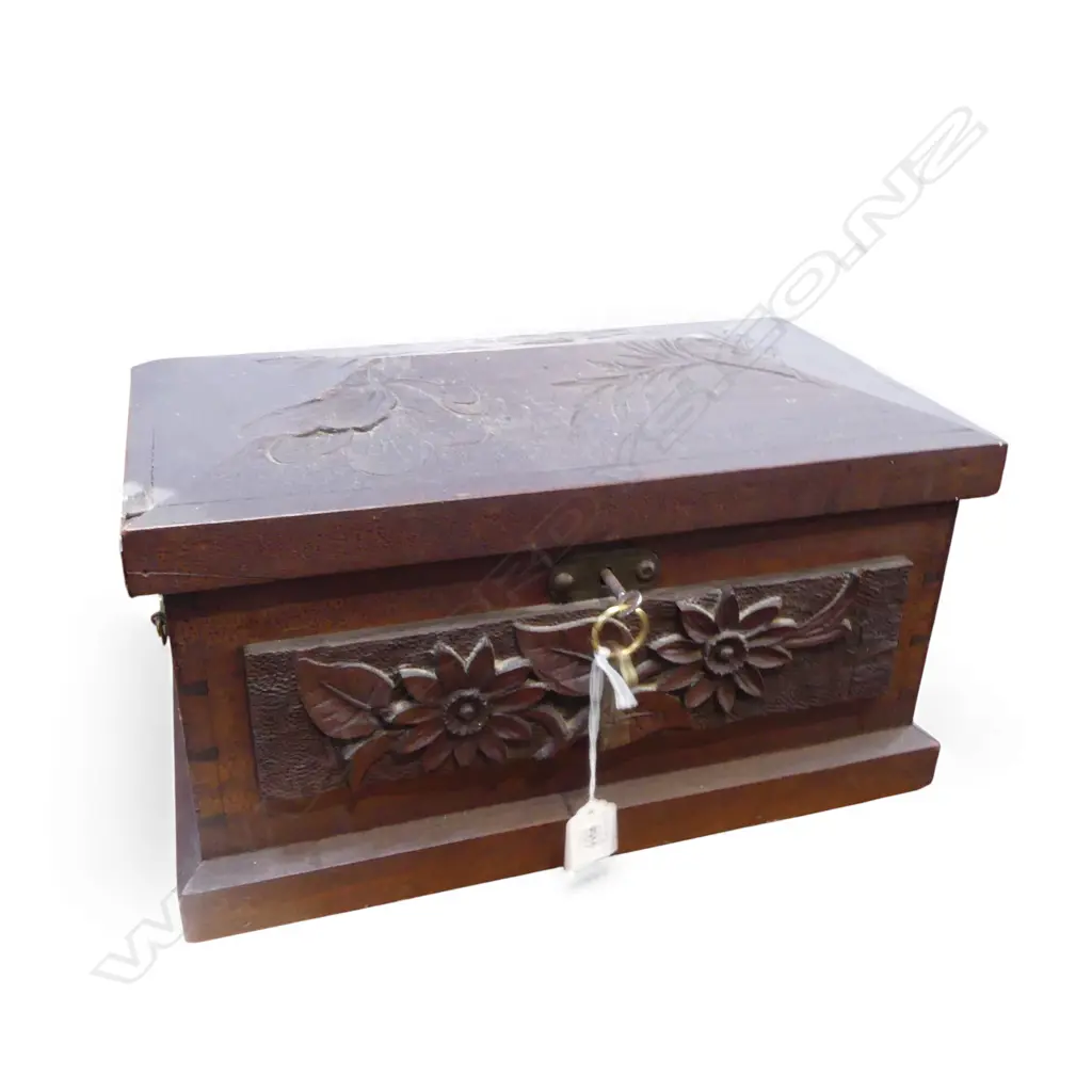 ANTIQUE CARVED WOODEN JEWELLERY BOX; GREEN VELVET LINED W.390mm Image 1++