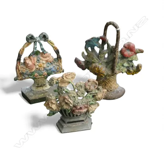 3 ANTIQUE CAST IRON FLOWER BOUQUET DOOR STOPS H.250mm