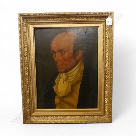 ANTIQUE FRAMED PORTRAIT OF A 19thC GENTLEMAN, ARTIST UNKNOWN, OIL ON BOARD, 410x315mm