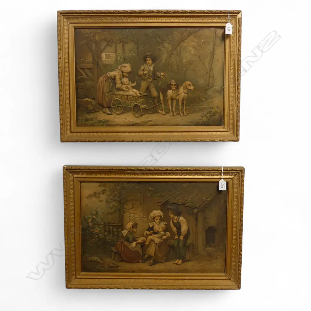 PAIR OF 19THC GERMAN LEATHER AND PAINTED ARTWORKS IN GILT FRAMES (one small piece needs reglueing) 340 x 500mm Image 1++