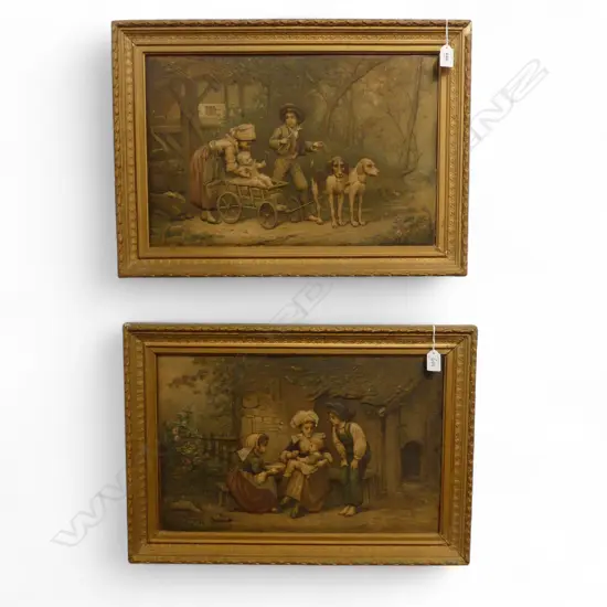 PAIR OF 19THC GERMAN LEATHER AND PAINTED ARTWORKS IN GILT FRAMES (one small piece needs reglueing) 340 x 500mm