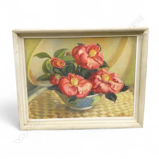 CONSTANCE LOUISE FIDLER, CAMELLIA STILL LIFE, OIL ON BOARD 345x440mm, SIGNED