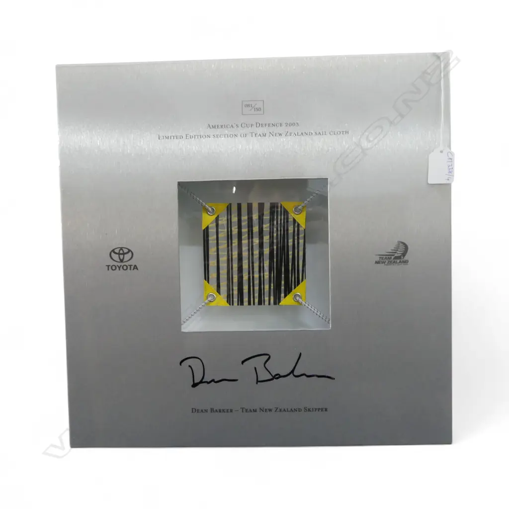 AMERICAS CUP 2003 FRAMED PIECE OF SAIL CLOTH, SIGNED BY DEAN BARKER 81/150 390x390mm Image 1++