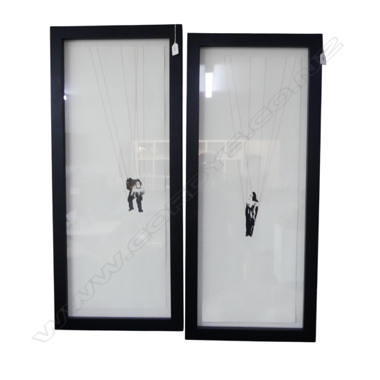 PR OF FRAMED MODERN ARTWORKS HANGING PUPPETS H1000 W420MM