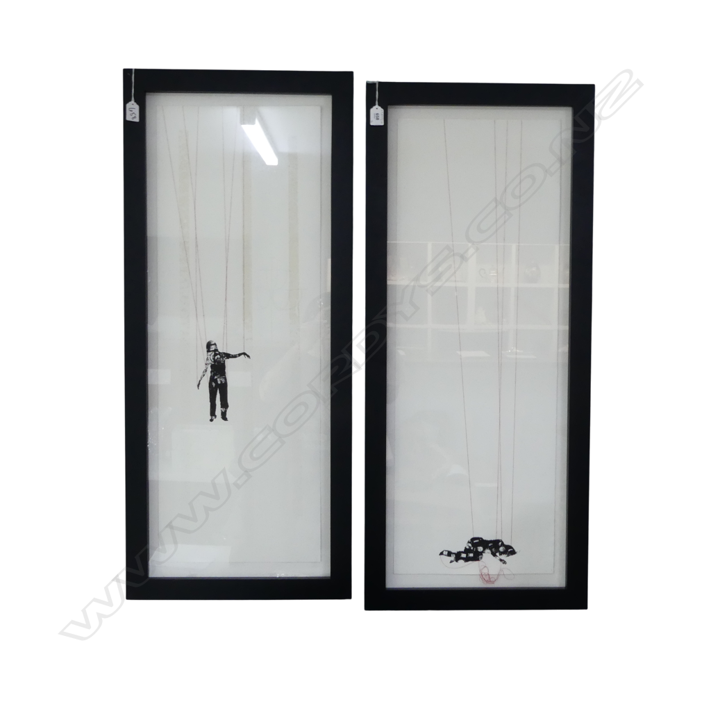 PR OF FRAMED MODERN ARTWORKS HANGING PUPPETS H1000 W420MM Image 1++