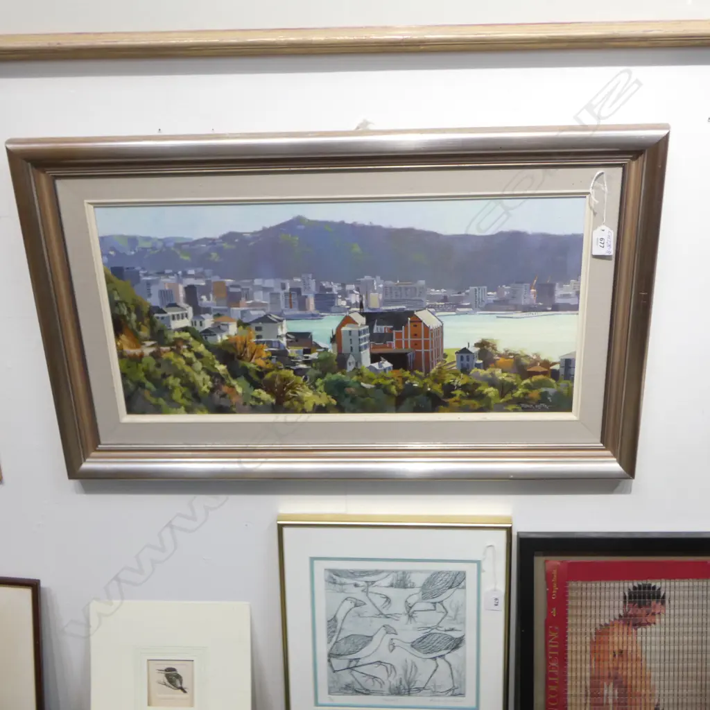 TREVOR HAYTER ACRYLIC PAINTING 'UNDER THE CLOUDLESS SKY WELLINGTON HARBOUR' SIGNED. DATED 1990. 295 X 595mm Image 1++