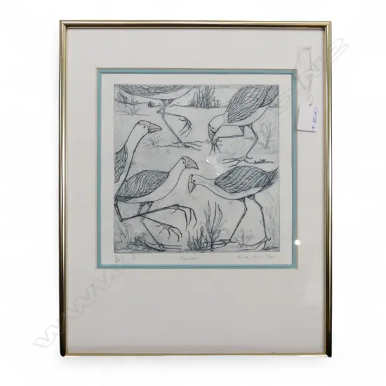 RONA SWALLOW ETCHING 'PUKEKO' Ltd. Ed. 7/30. Signed. 200 x 200mm. Framed under glass