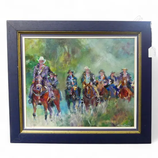 BRIAN RAMAGE 'OUT INTO THE CLEARING, CAVALCADE RIDERS CENTRAL OTAGO' ACRYLIC ON CANVAS 300x370mm