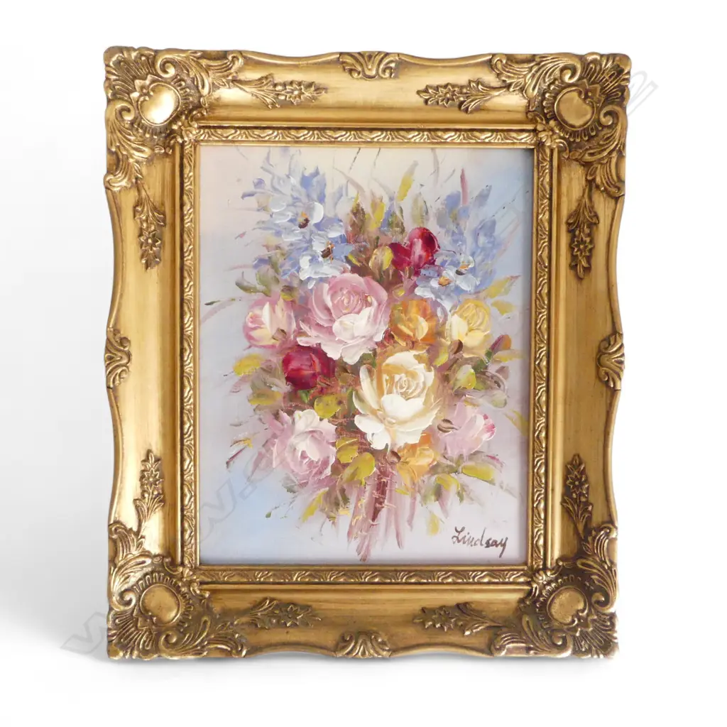 GILT FRAMED STILL LIFE FLORAL OIL SIGNED LINDSAY,  240 x 190mm Image 1++
