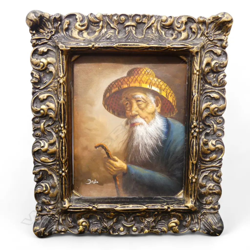 SIGNED ARTWORK, OLD ORIENTAL MAN, ACRYLIC ON CANVAS BOARD 240x190mm Image 1++