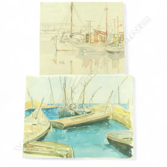 2 WCs; JACK. W. CRIPPEN 'NATIVE BOATS GREAT BITTER LAKE' 255x345mm SIGNED & DATED '42 + D. CARGILL 'ESBJERG 15.9.34'
