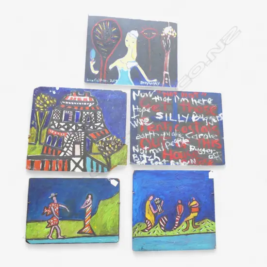 LEE FELTHAM, THE PARTY, ACRYLIC ON BOARD x 5, ONE SIGNED 2017, LGST 340 X 500MM provenance below