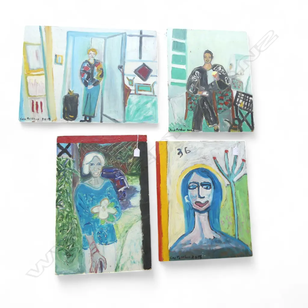 LEE FELTHAM, SERIES OF PORTRAITS, ACRYLIC ON BOARD x 4, LGST 340 X 500MM provenance below Image 1++